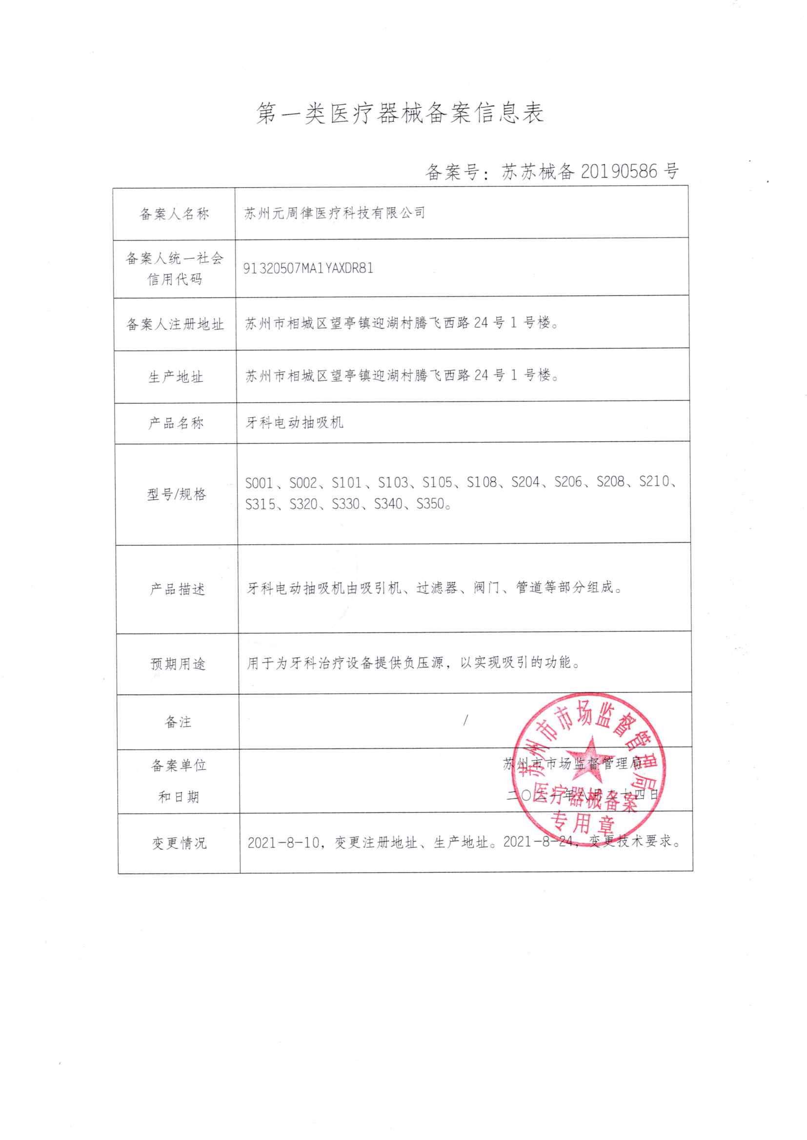 牙科电动抽吸机一类医疗器械备案信息表